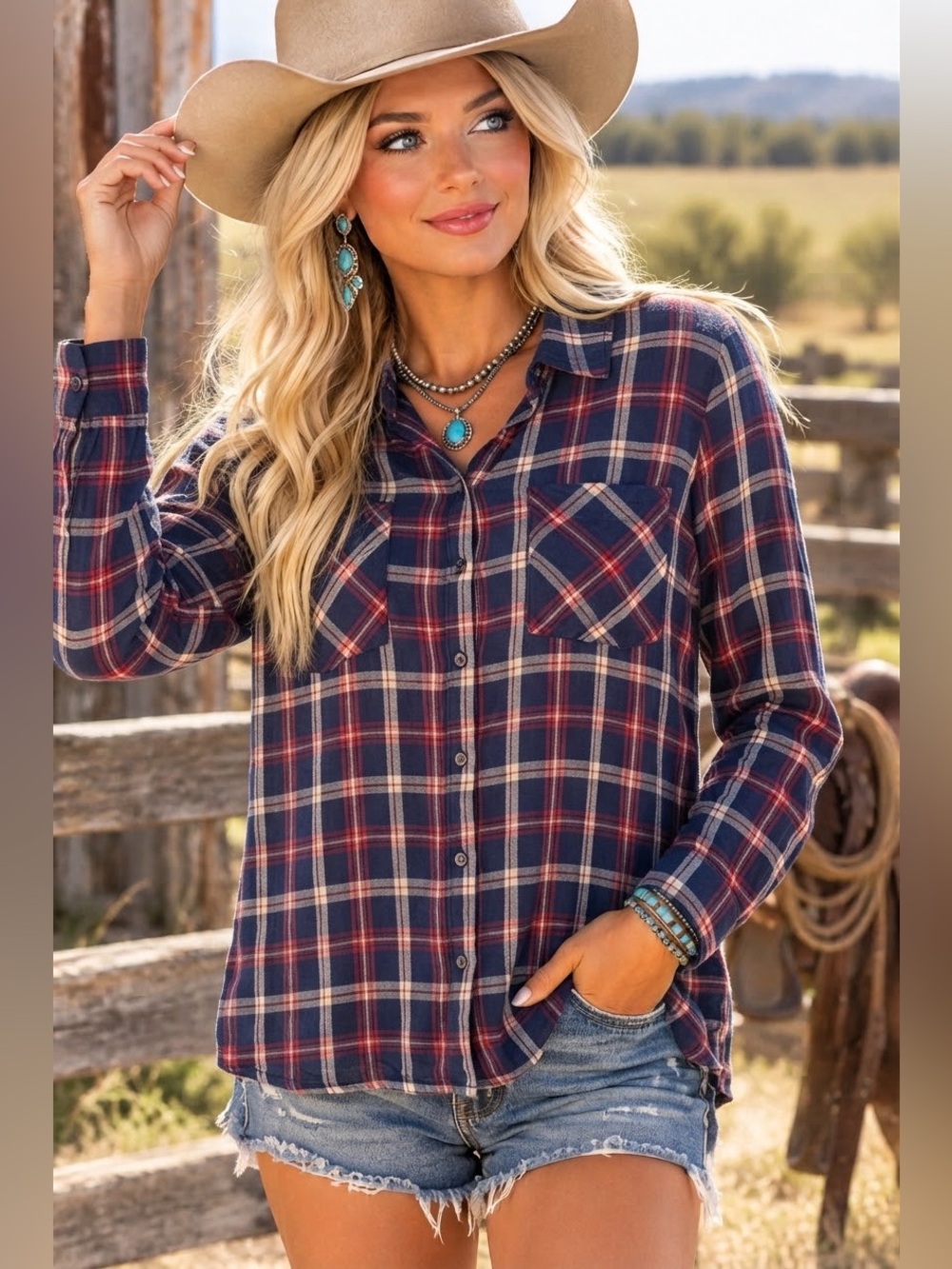 Chocolate USA Navy Red Plaid Flannel Western  Rayon Button Down Shirt Large